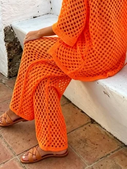 Vacation Plain Hollow Out Straight Sweater Pants