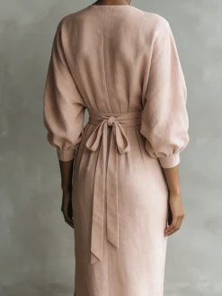 Vacation Plain V Neck Maxi Dress Belt