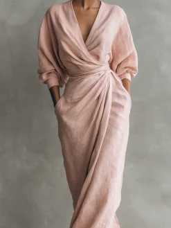 Vacation Plain V Neck Maxi Dress Belt