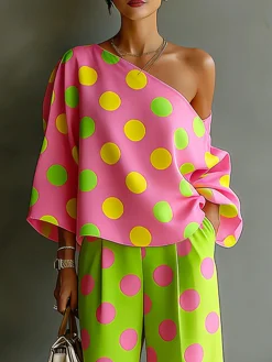 Vacation Polka Dots Printing Asymmetrical Blouse