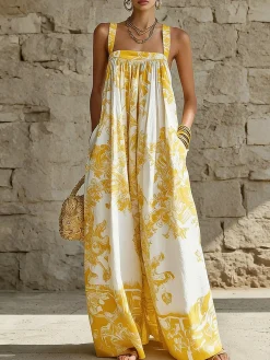 Vacation Printing Floral Square Neck Jumpsuit