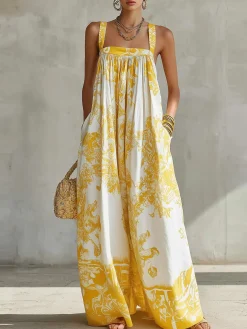 Vacation Printing Floral Square Neck Jumpsuit