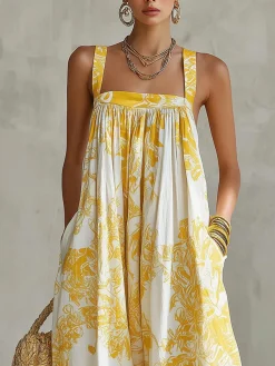 Vacation Printing Floral Square Neck Jumpsuit
