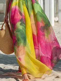 Vacation Random Print Printing Asymmetrical Maxi Dress