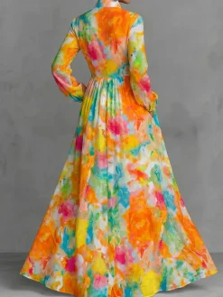 Vacation Random Print Printing Stand Collar Maxi Dress