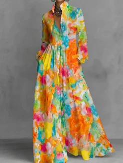 Vacation Random Print Printing Stand Collar Maxi Dress