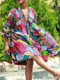 Vacation Tropical Printing V Neck Knee Length Dress