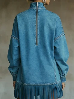 Women Casual Denim Blue Mini Dress Turtleneck H-Line Fall Daily