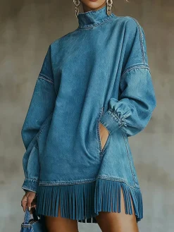 Women Casual Denim Blue Mini Dress Turtleneck H-Line Fall Daily