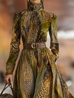 Women Elegant High Waist X-Line Maxi DressWith Belt Mock Neck Spring Occasion