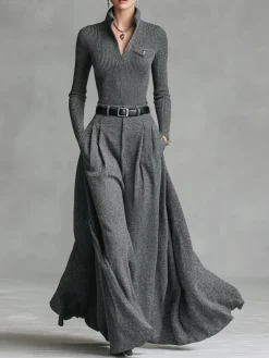 Women Urban High Waist A-Line Maxi Skirt Zipper Plain Maxi Skirt With Belt Social Spring